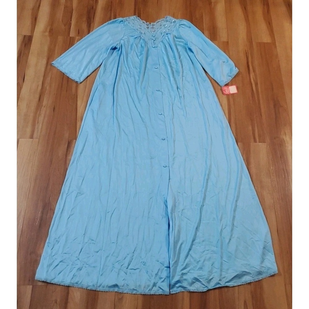 Vintage Shadowline Maxi Silky Blue Nylon Long Sleeve Button Down Size Small